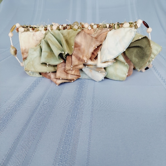 Mary Frances Suede Ruffled Handbag Handcrafted Earth Tones Beaded Strap - Picture 3 of 13